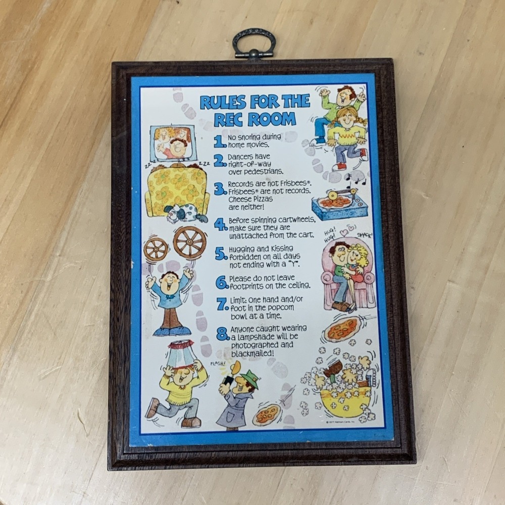 Vintage 1970s Rules For The Rec Room Wooden Plaque‎ Retro Humorous Wall Decor
